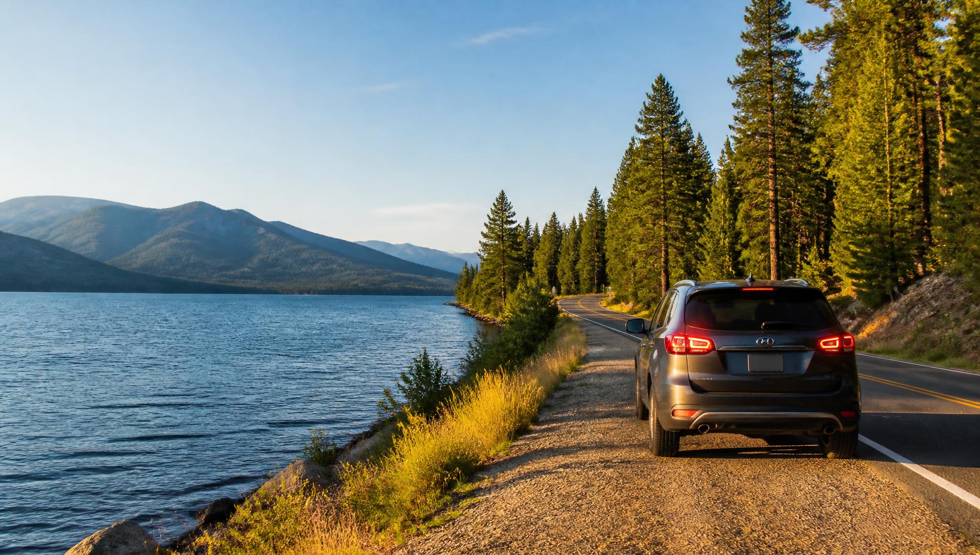 SUV pulled over on the Lake Pend Oreille lakeshore near Sandpoint, Idaho, with pines and mountains in the background